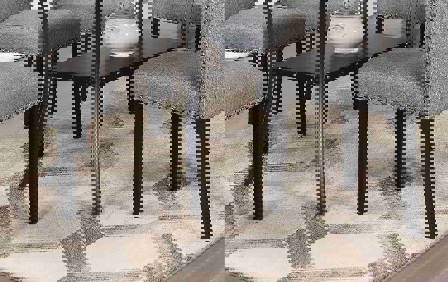 Natural Wooden Rectangular Dining Table with Nailheads and Storage Shelf