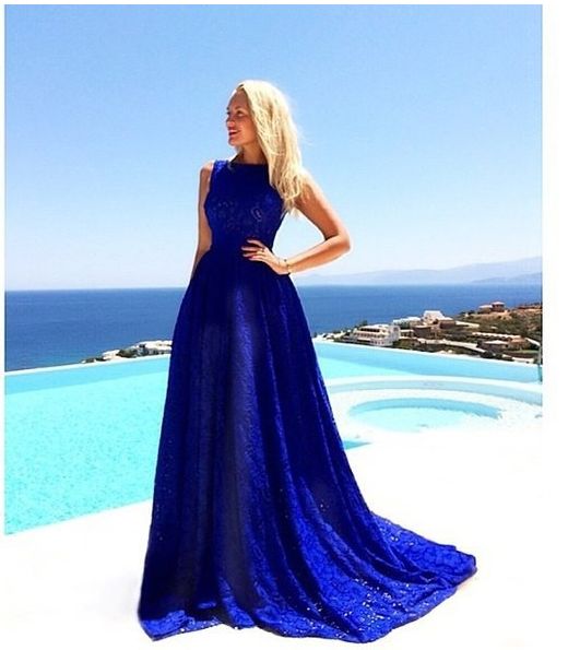 Romantique Bleu Roi / Rouge Dentelle Boutique Maxi Longueur Train Evening Dress