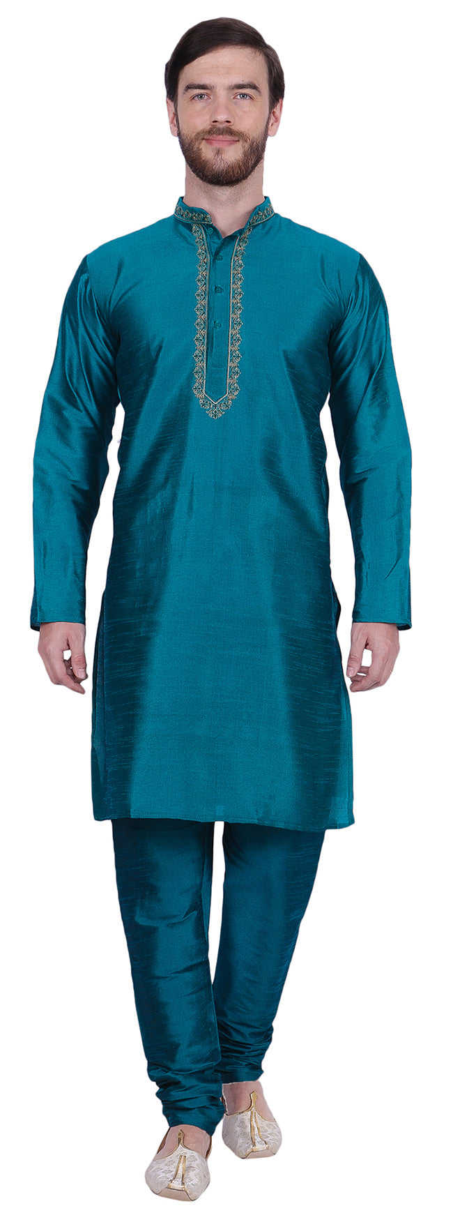 Men's Dupion Silk Kurta Pajama with Scarf - Turquoise Indian Traditional Wear
