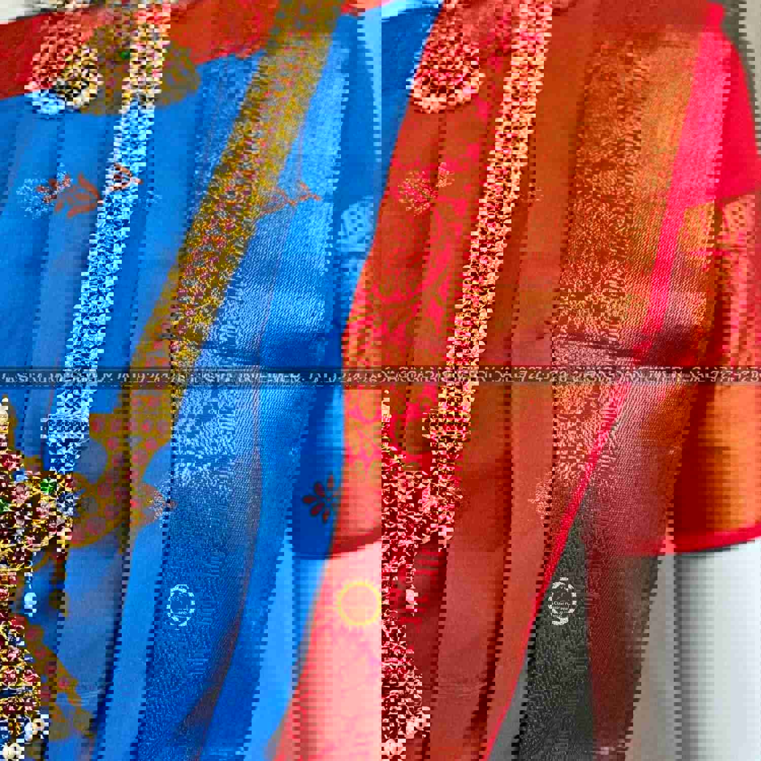 BLUE RED 36 Inch Pant Length Bharatanatyam Copper Zari Dance Costume | Art Silk Dharmavaram Kanchi | Classical Dance Jewelry