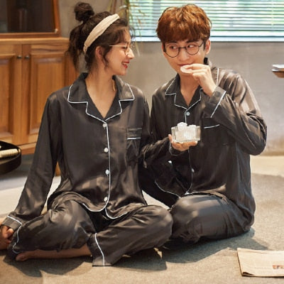 Luxury Satin Silk Pajama Set for Couples - Long Sleeve Sleepwear
