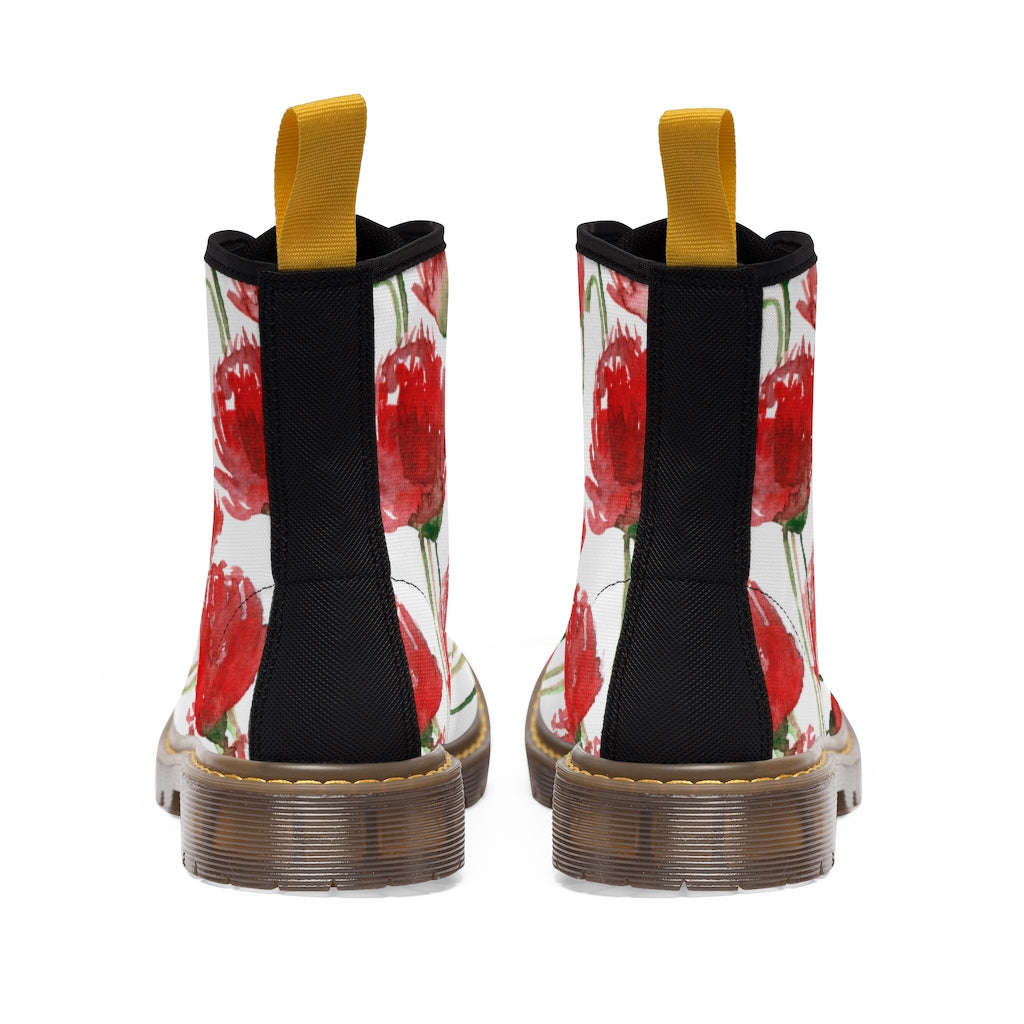 Red Poppy Floral Women's Boots - White Hiking Combat Lace-Up Boots