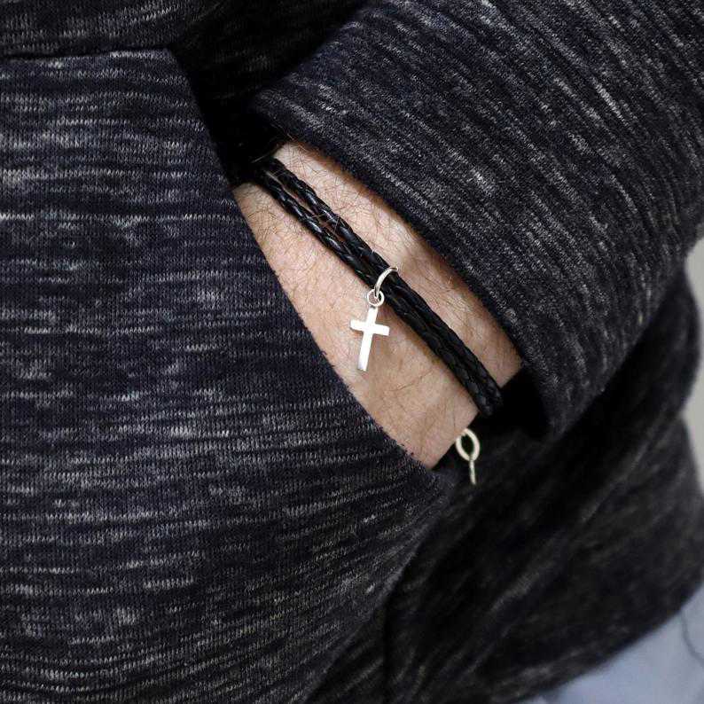 Christian Cross Bracelet - Minimalist Leather & Sterling Silver Jewelry for Men