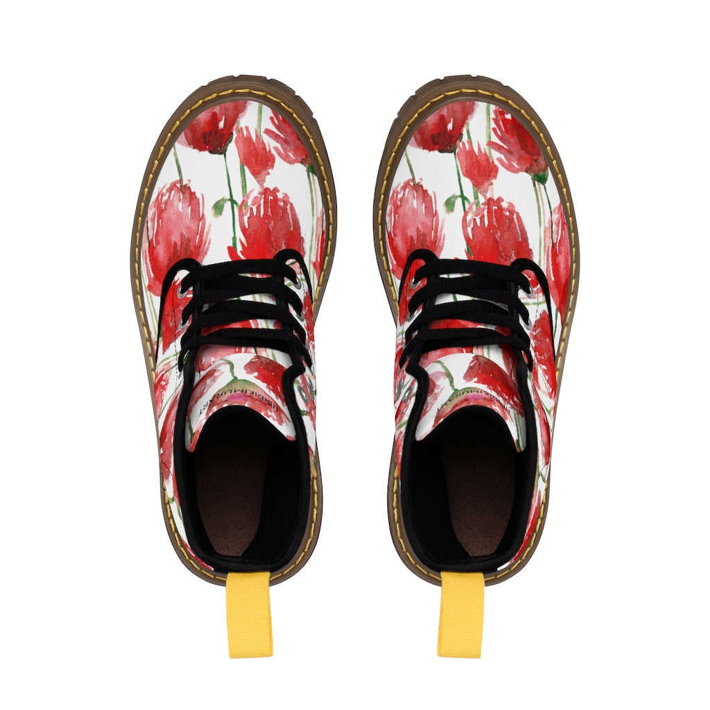 Red Poppy Floral Women's Boots - White Hiking Combat Lace-Up Boots