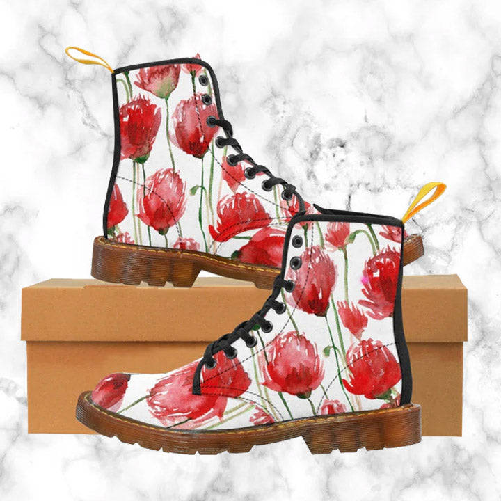 Red Poppy Floral Women's Boots - White Hiking Combat Lace-Up Boots