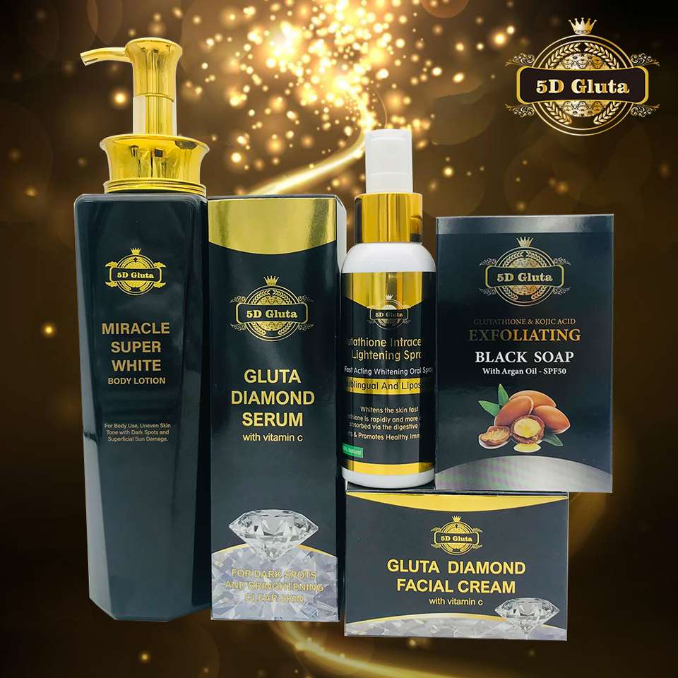 5D Gluta Whitening Skincare Set for African Skin - Lotion, Cream, Spray & Soap