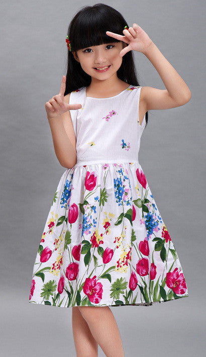 New Girls Dresses 100% Cotton Fashion Floral Colorful Party Birthday Casual Kids Clothing Size 4-12