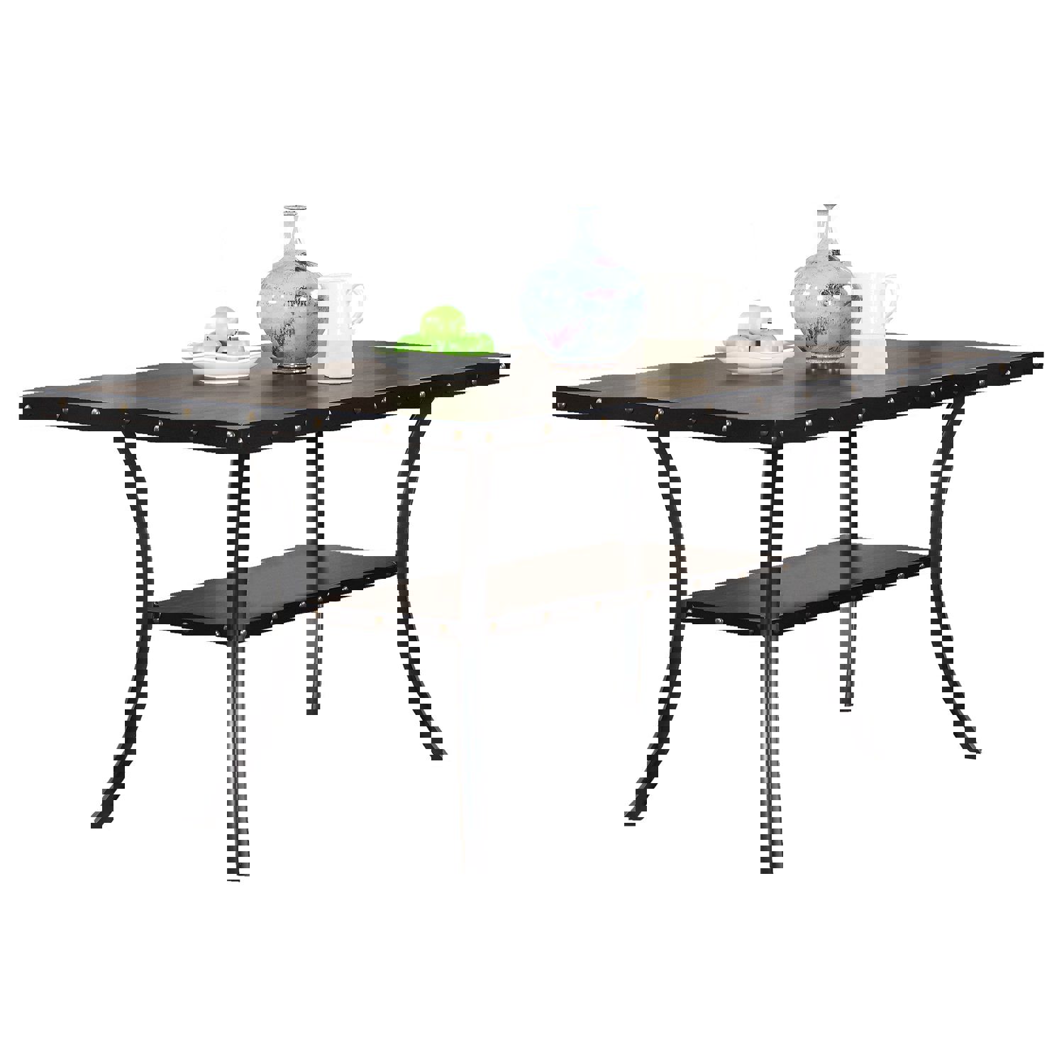 Natural Wooden Rectangular Dining Table with Nailheads and Storage Shelf