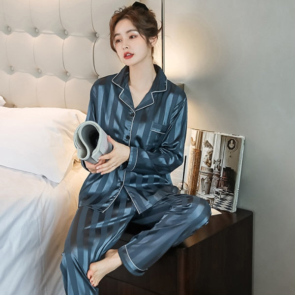 Luxury Satin Silk Pajama Set for Couples - Long Sleeve Sleepwear