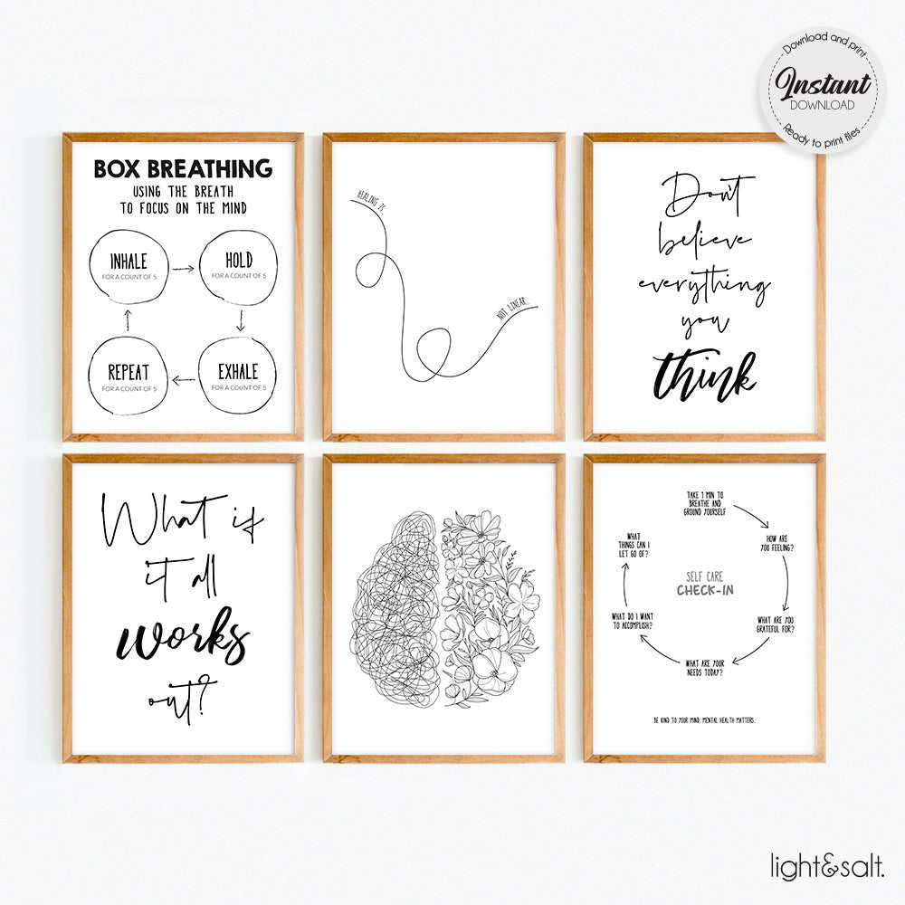 Set of 6 Black and White Mental Health Posters - Instant Download
