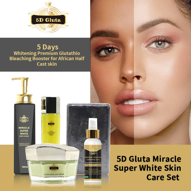 5D Gluta Whitening Skincare Set for African Skin - Lotion, Cream, Spray & Soap