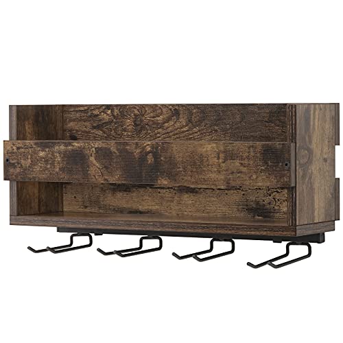 Giikin Vintage Wall Mounted Wine Rack - Holds 5 Bottles & 4 Glasses, Retro Brown