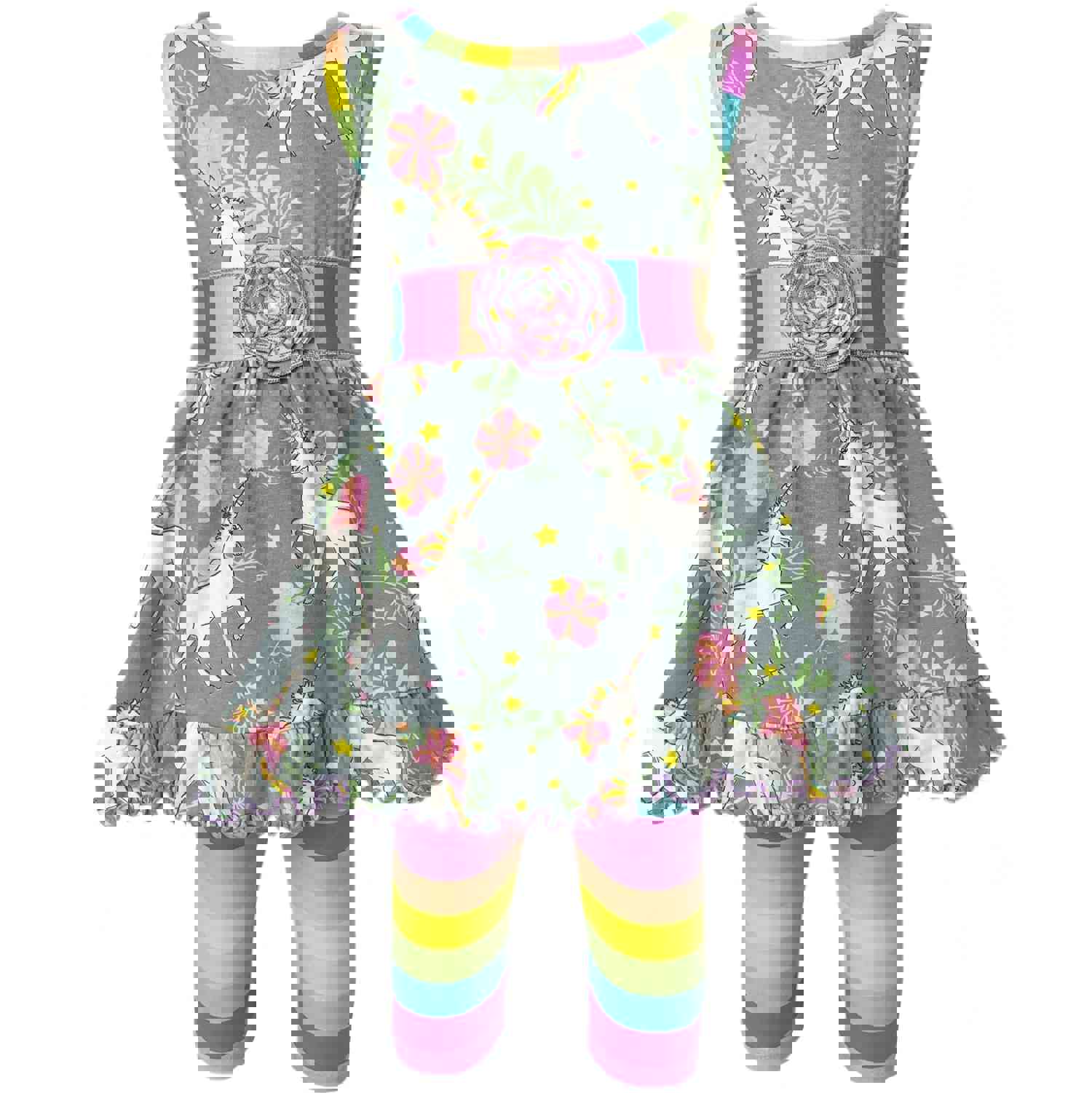 AnnLoren Big Girls Unicorns Rainbow Dress Leggings Boutique Clothing Set