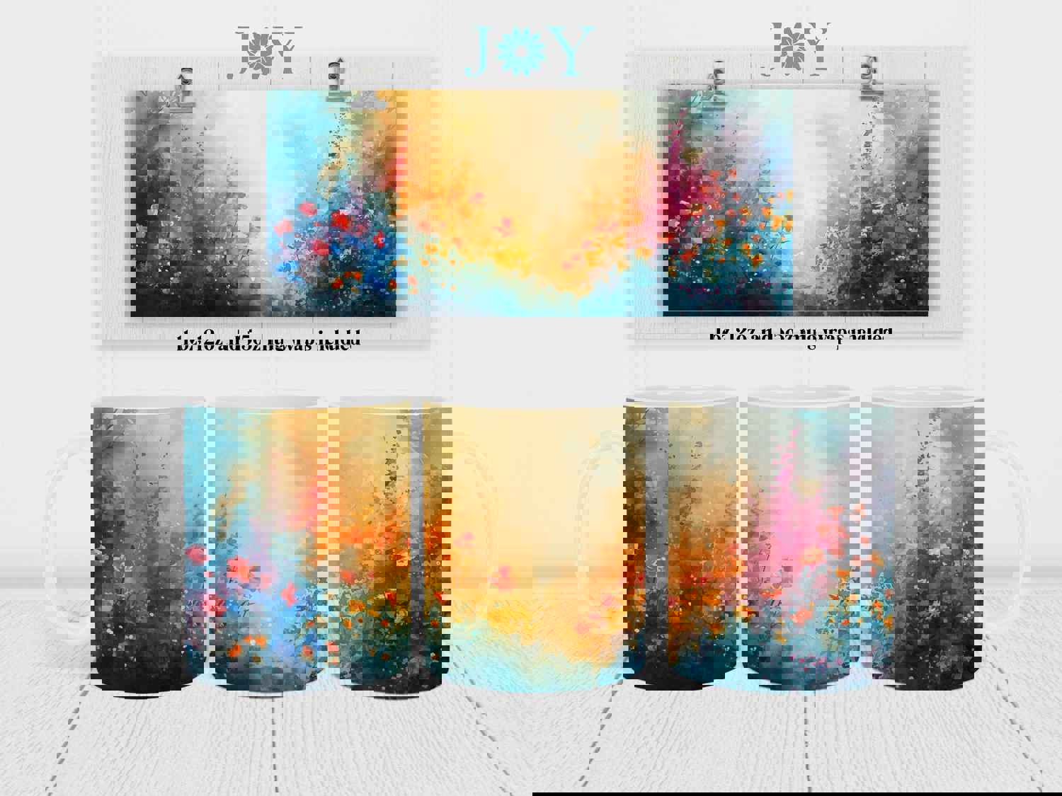 Watercolor Flowers Mug Wrap Sublimation Design PNG - Instant Digital Download for 11oz, 12oz & 15oz Mugs