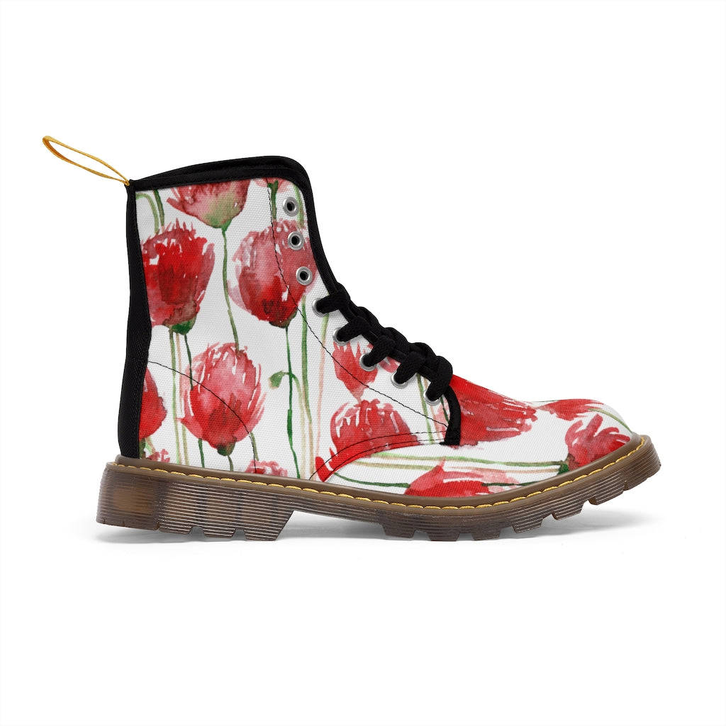 Red Poppy Floral Women's Boots - White Hiking Combat Lace-Up Boots