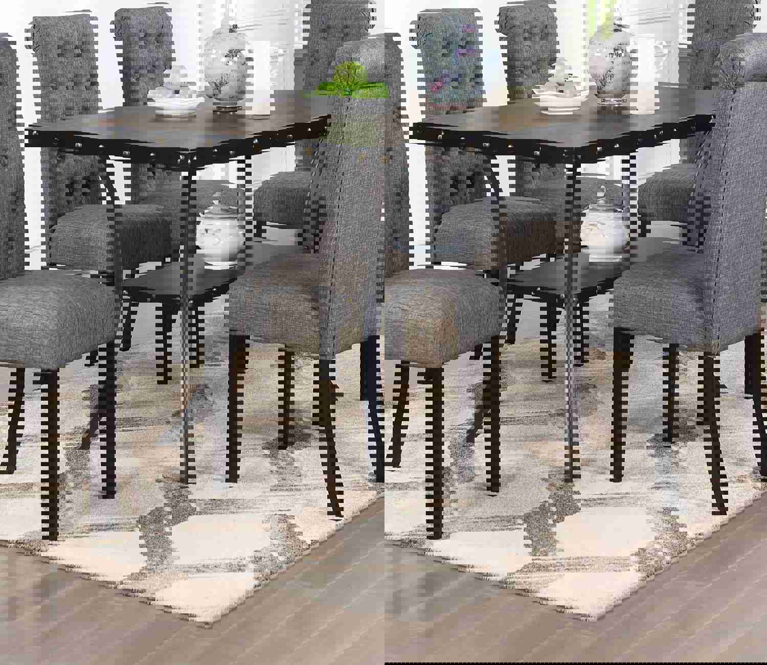 Natural Wooden Rectangular Dining Table with Nailheads and Storage Shelf