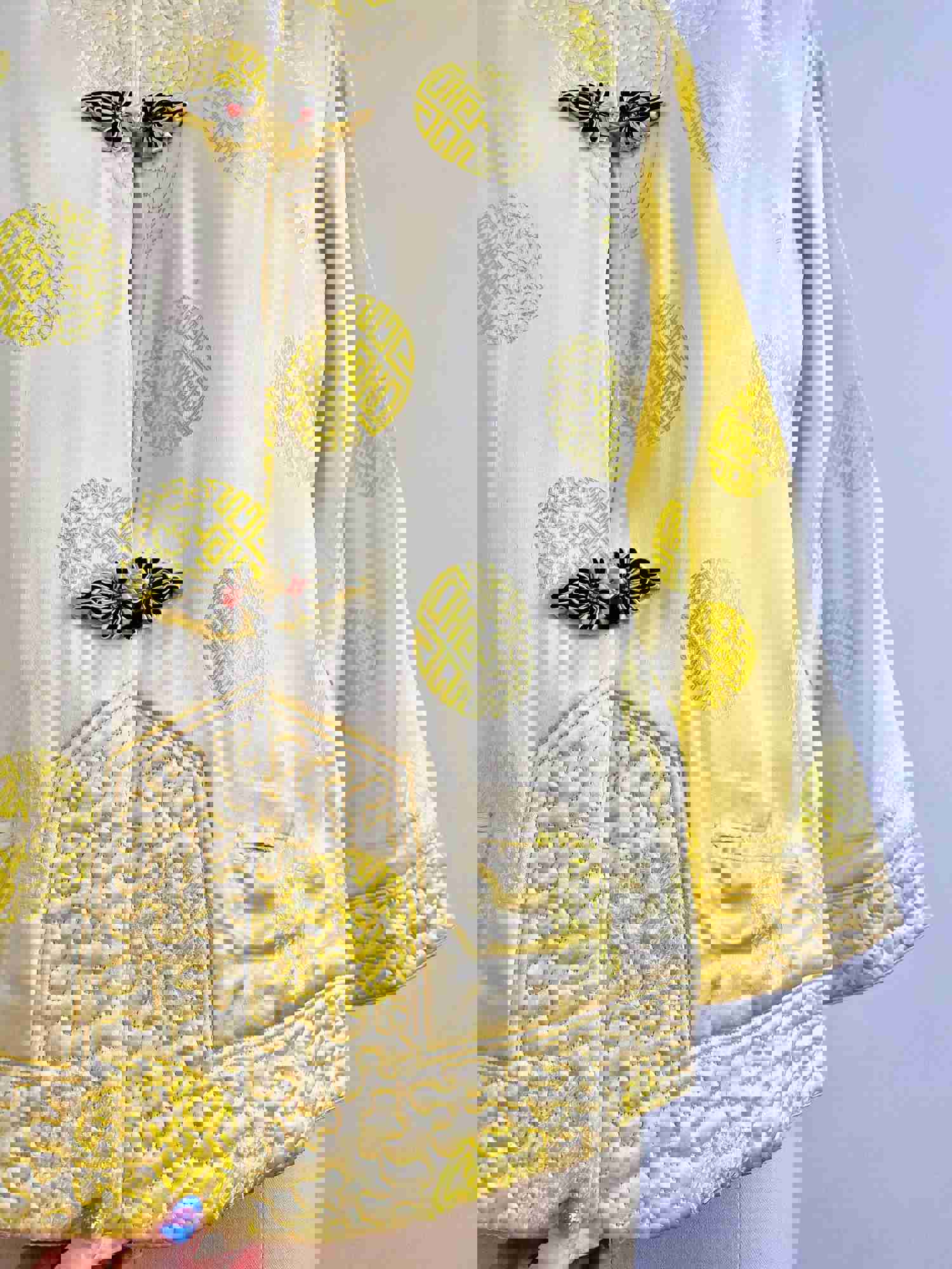 Vintage Chinese Embroidered Jacket with Pockets - Lemon Sorbet Color