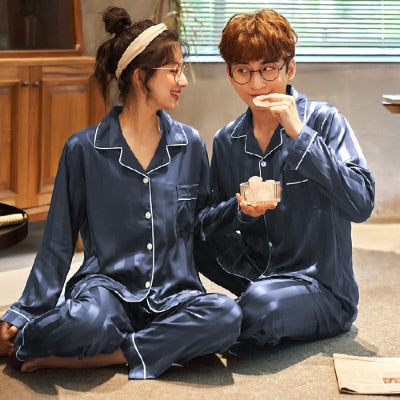 Luxury Satin Silk Pajama Set for Couples - Long Sleeve Sleepwear