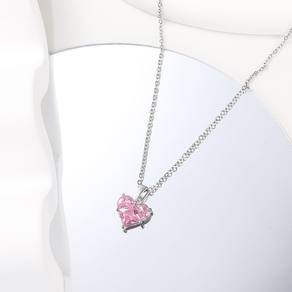 New Stylish Pink Love Pendant Light Luxury Heart-set Diamond Necklace