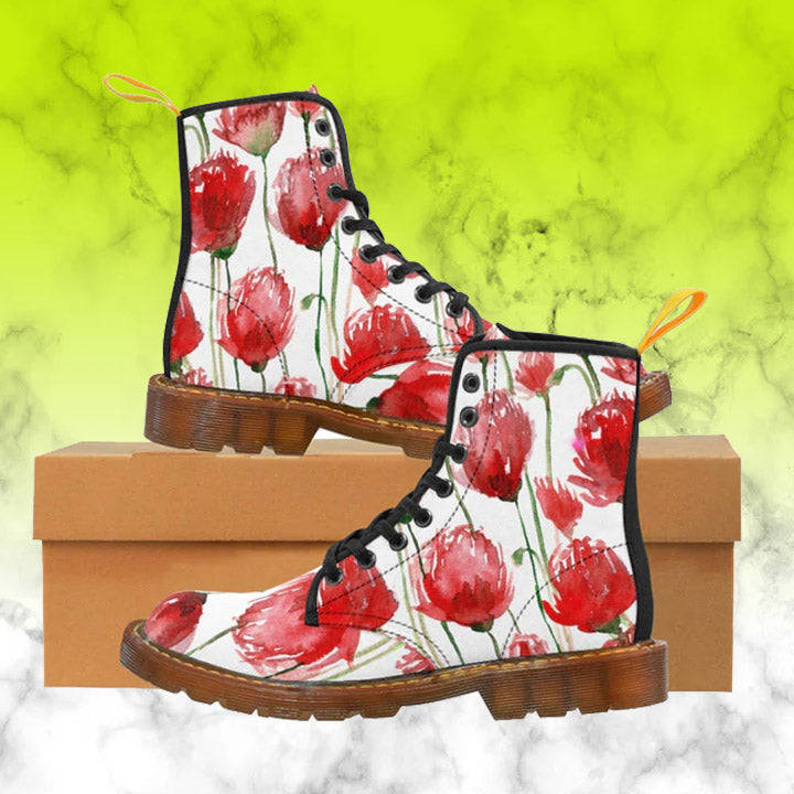 Red Poppy Floral Women's Boots - White Hiking Combat Lace-Up Boots
