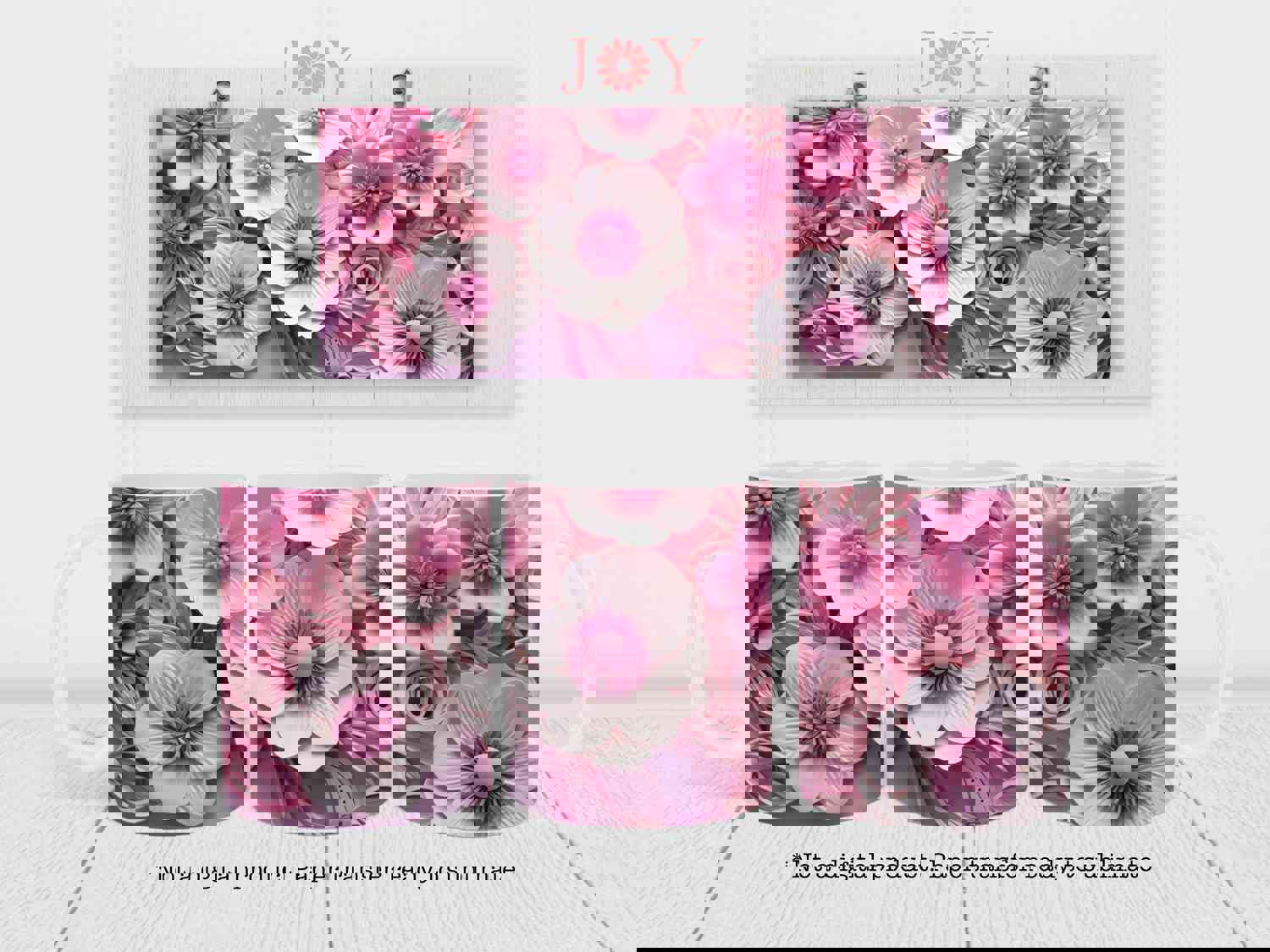 3D Pink Flowers Sublimation Transfer Sheet for Mugs - Ready to Press (11 oz, 12 oz, 15 oz)