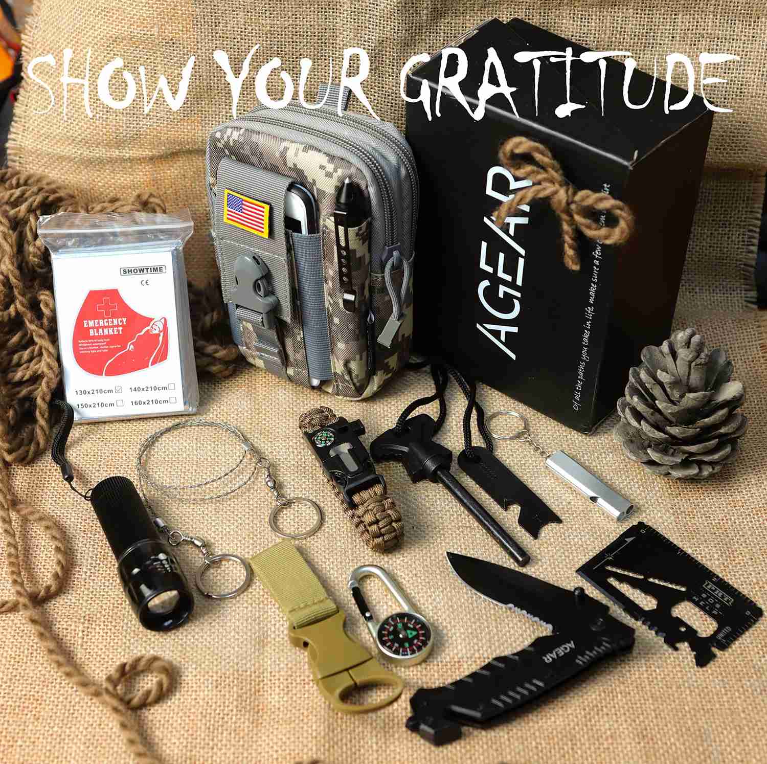 AGEAR 14-in-1 Survival Gear Kit with Tactical Knife, Fire Starter, and Emergency Blanket for Outdoor Adventures