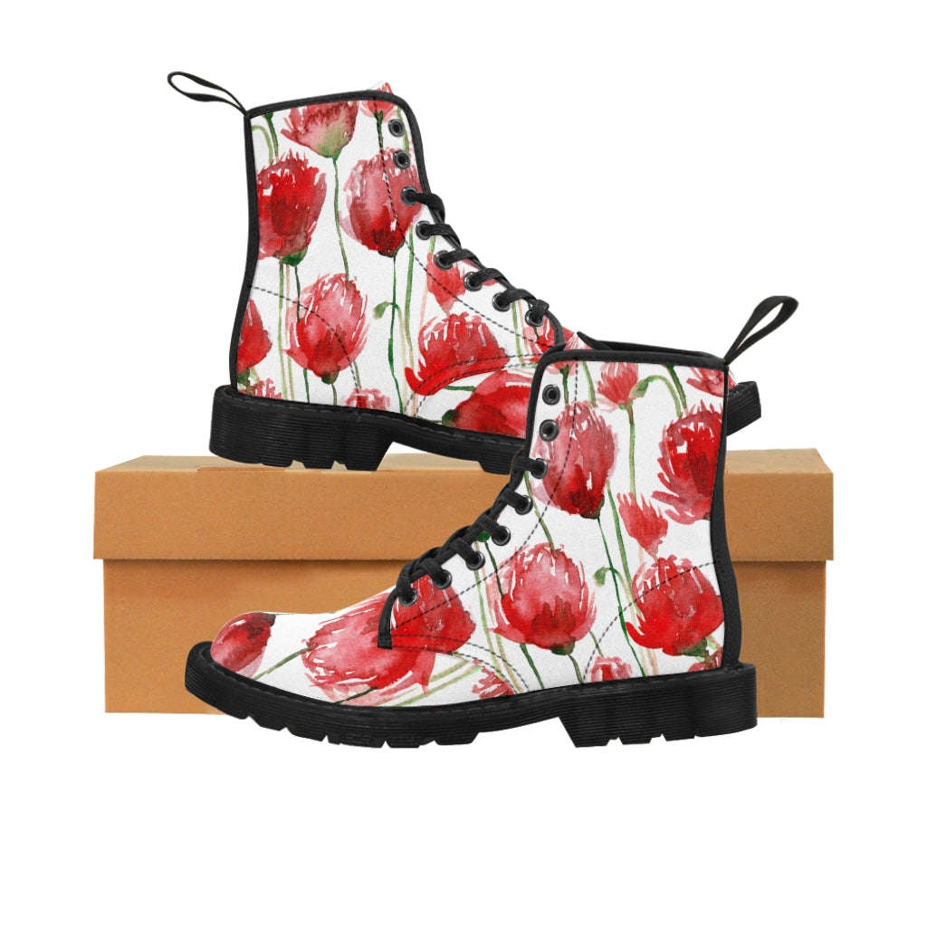 Red Poppy Floral Women's Boots - White Hiking Combat Lace-Up Boots