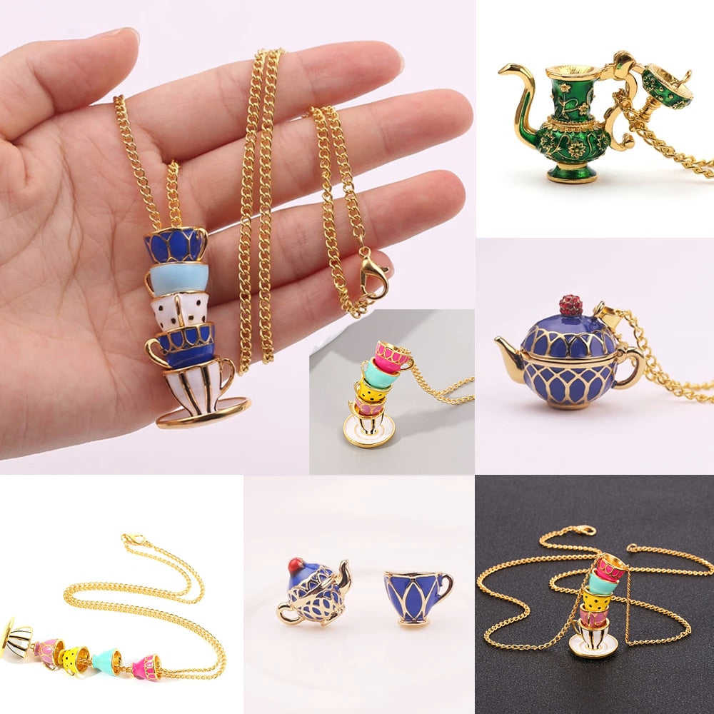 Hand Painted Teapot Tea Cup Pendant Necklace - Vintage Fashion Sweater Chain for Women & Men