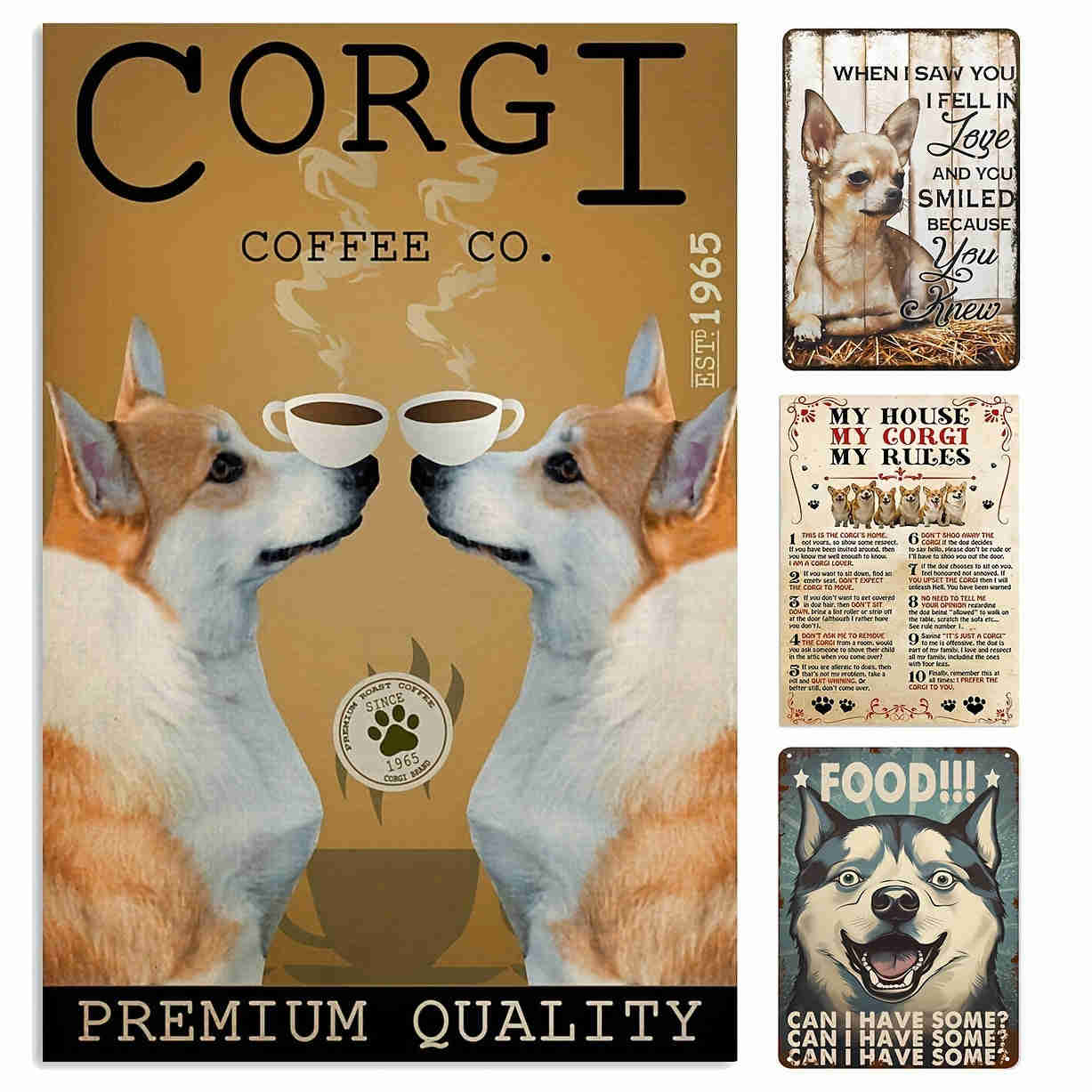 1pc Pzecaru Vintage Metal Sign Double Dog Coffee Corgi Poster Aluminum Sign Plaque Retro Wall Decor
