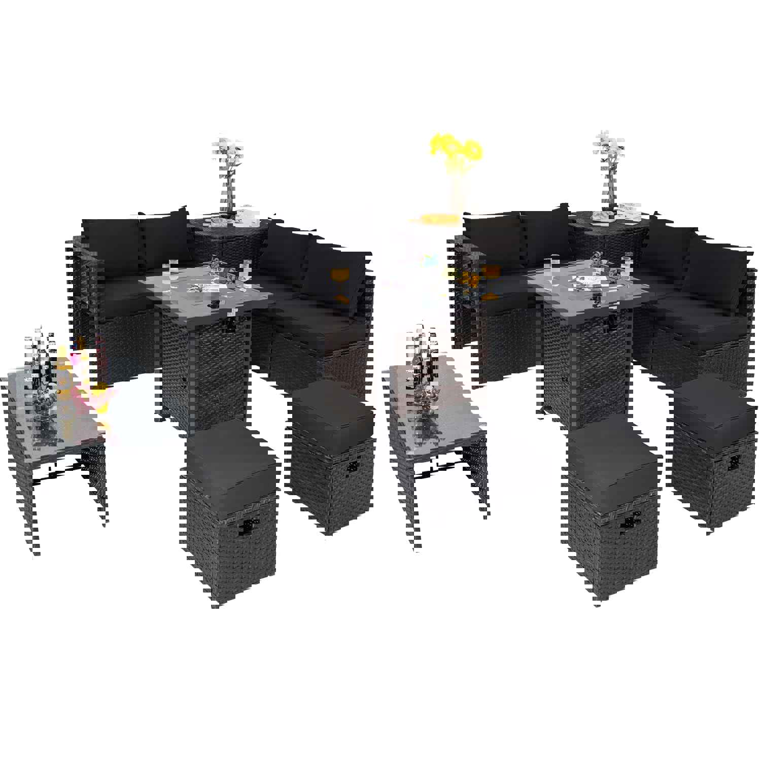 Tangkula 9-Piece Patio Furniture Set with 32” Fire Pit Table, 50,000 BTU Square Propane Fire Pit