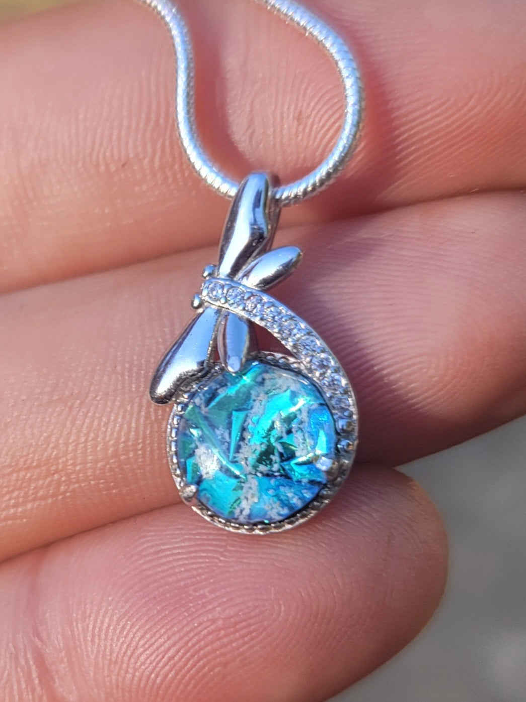 NEW CZ Dragonfly Cremation Jewelry Ashes Infused Glass Sterling Silver Urn Pendant