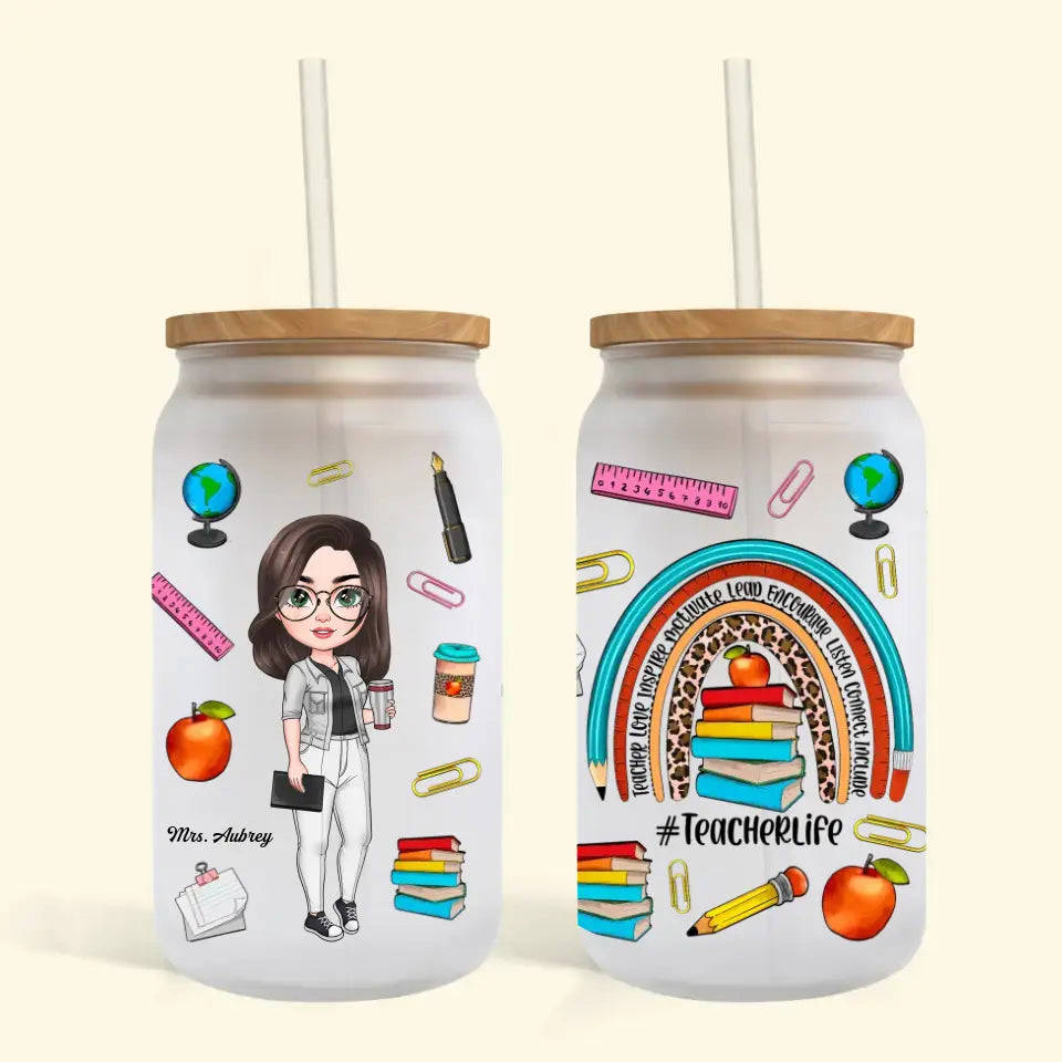 Personalized Custom Glass Can - Teachers Day, Birthday Gift For Teacher - Teacher Life Leopard Rainbow