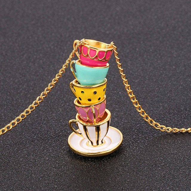 Hand Painted Teapot Tea Cup Pendant Necklace - Vintage Fashion Sweater Chain for Women & Men