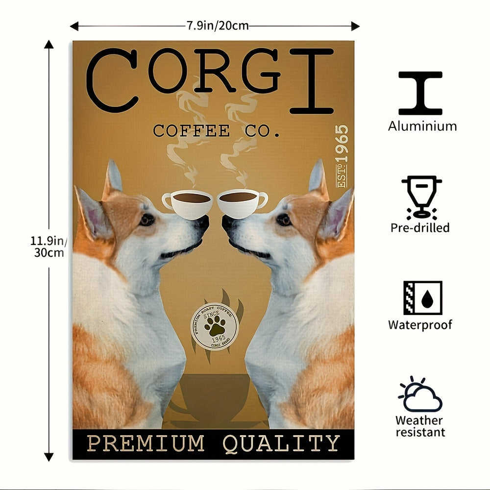 1pc Pzecaru Vintage Metal Sign Double Dog Coffee Corgi Poster Aluminum Sign Plaque Retro Wall Decor