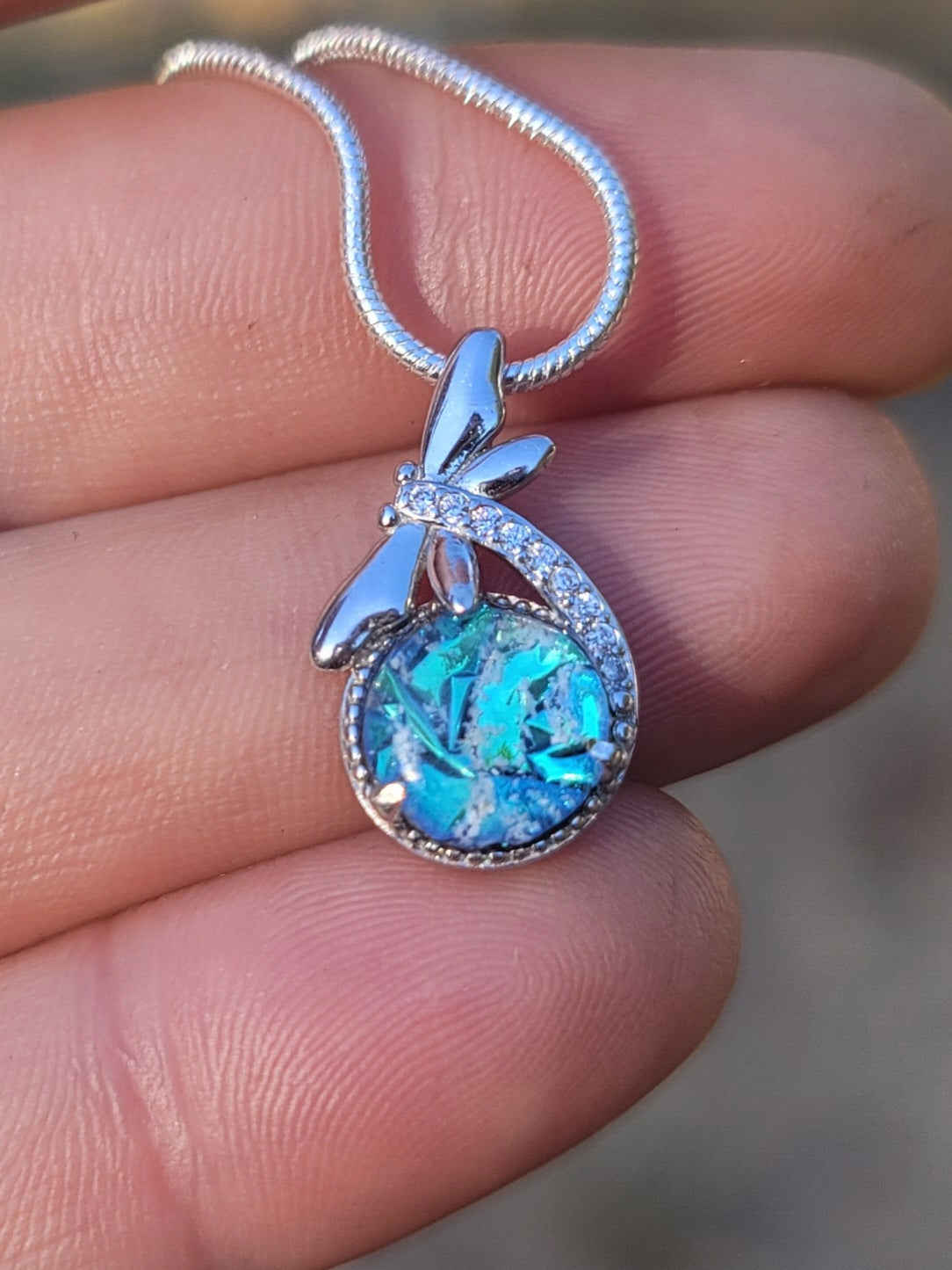 NEW CZ Dragonfly Cremation Jewelry Ashes Infused Glass Sterling Silver Urn Pendant