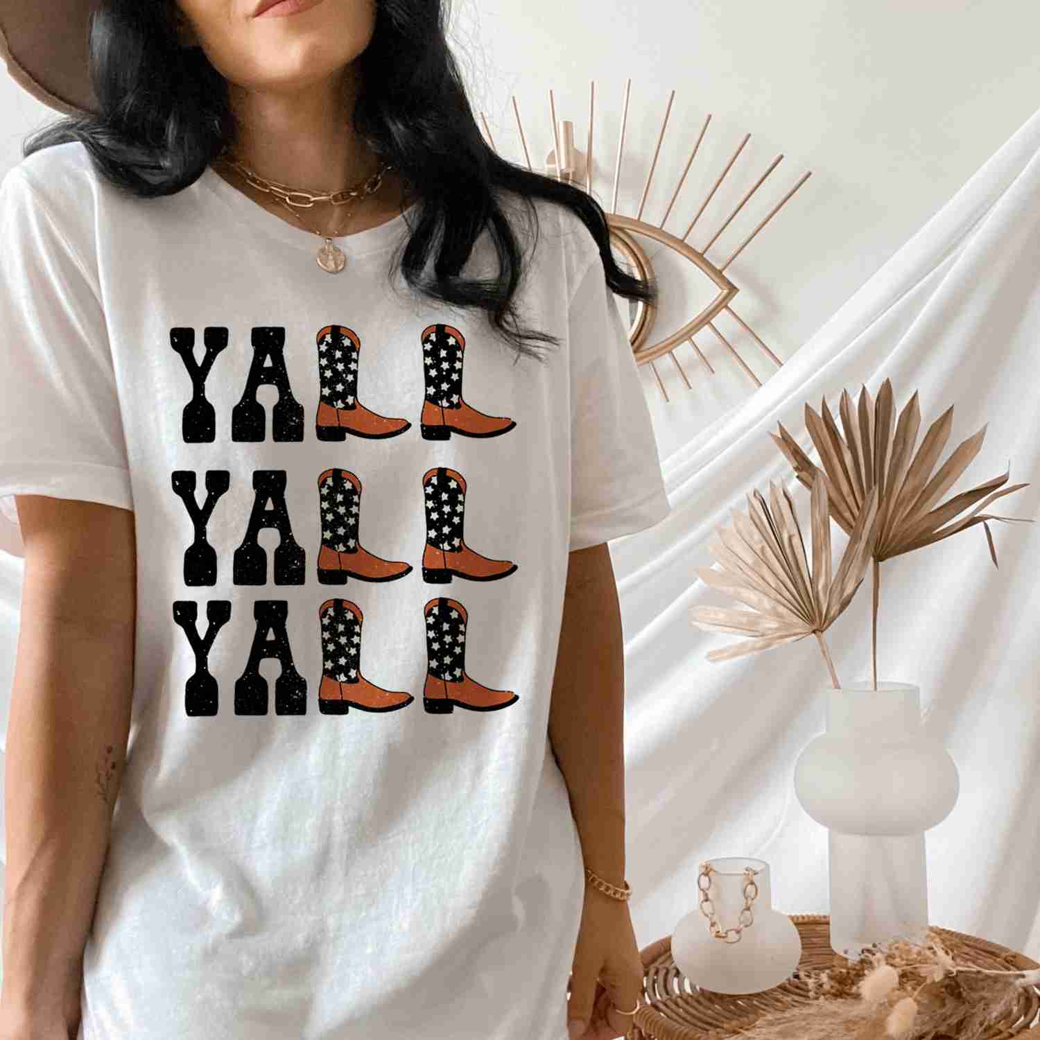 Yall Yall Yall Black and Orange Cowboy Cowgirl Western Boots T-Shirt