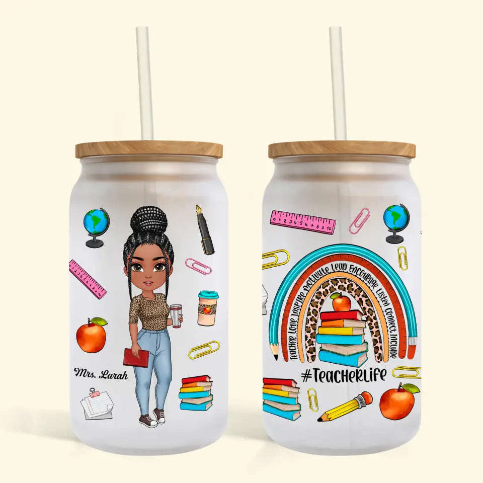 Personalized Custom Glass Can - Teachers Day, Birthday Gift For Teacher - Teacher Life Leopard Rainbow