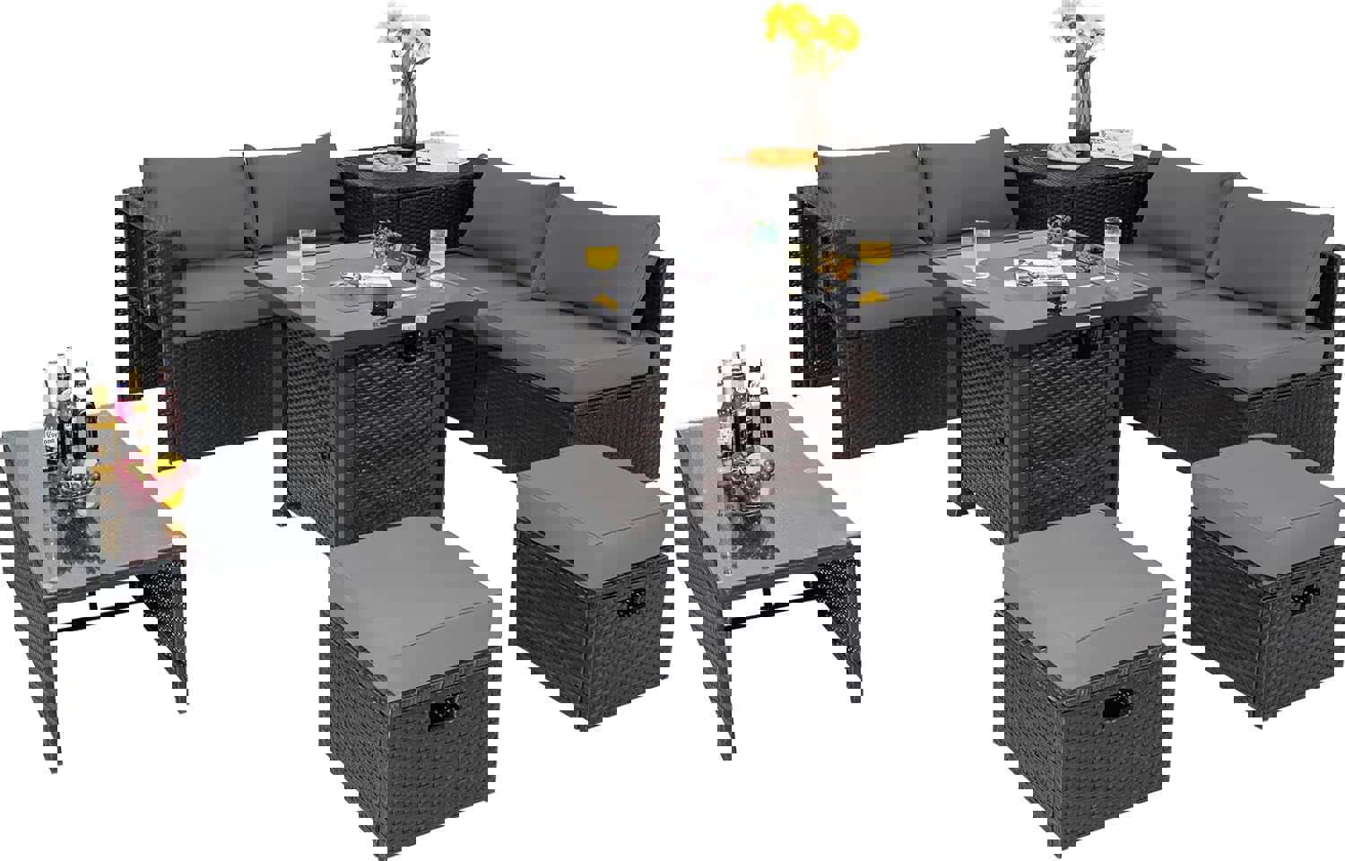 Tangkula 9-Piece Patio Furniture Set with 32” Fire Pit Table, 50,000 BTU Square Propane Fire Pit