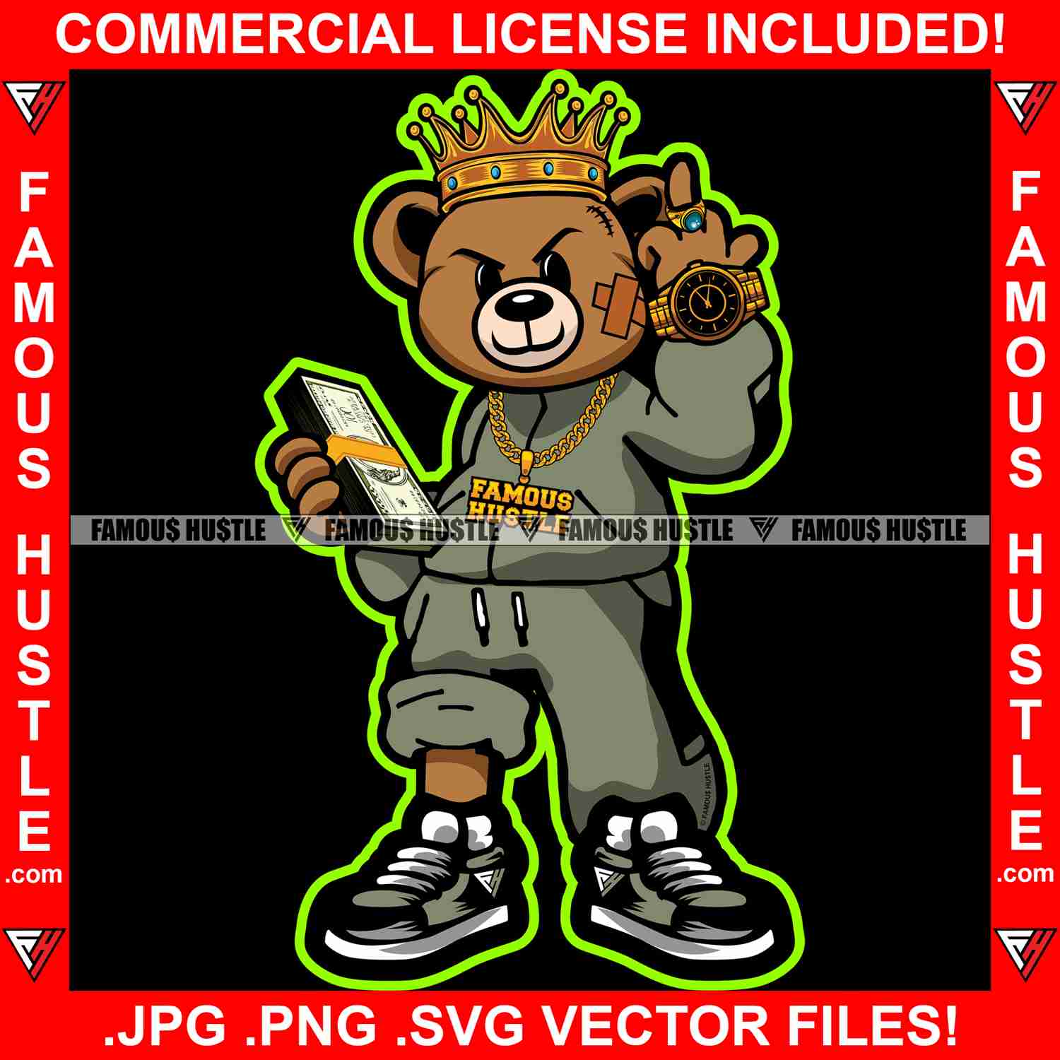 Boss Status Rebel Gangster Teddy Bear King Middle Finger Gold Jewelry Cash Money Stack Tattoo Hip Hop Rap Hustler Drip Plug Trap Hood Thug Gang Street Mafia Mob Famous Hustle Art Graphic Design Logo T-Shirt Print Printing JPG PNG SVG Vector Cut File
