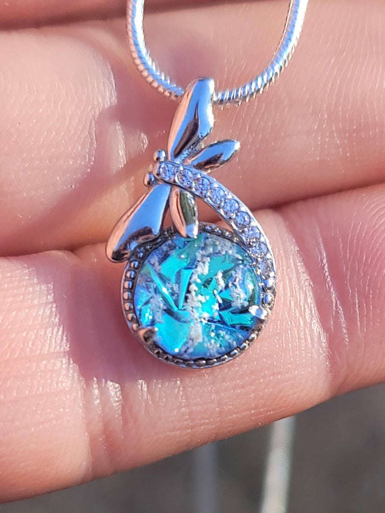 NEW CZ Dragonfly Cremation Jewelry Ashes Infused Glass Sterling Silver Urn Pendant