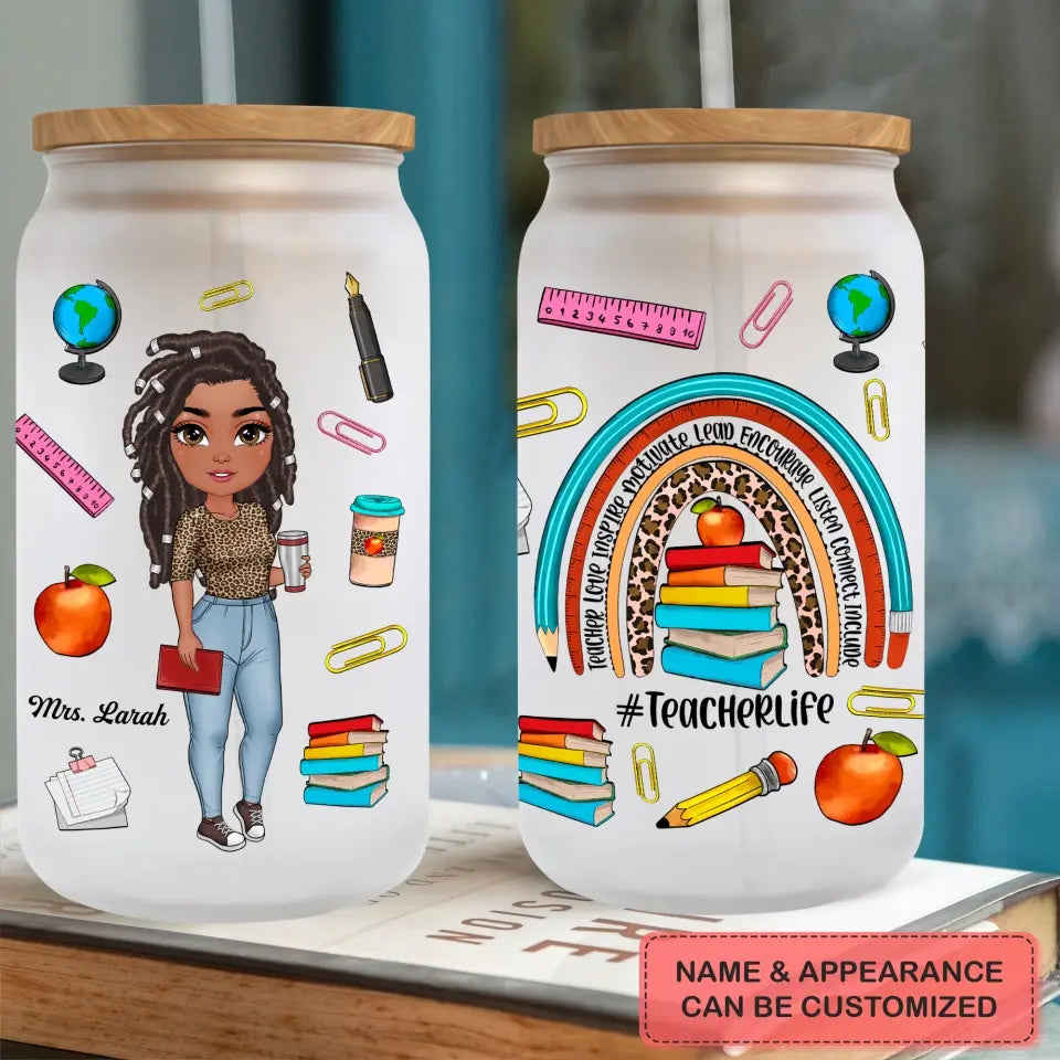 Personalized Custom Glass Can - Teachers Day, Birthday Gift For Teacher - Teacher Life Leopard Rainbow