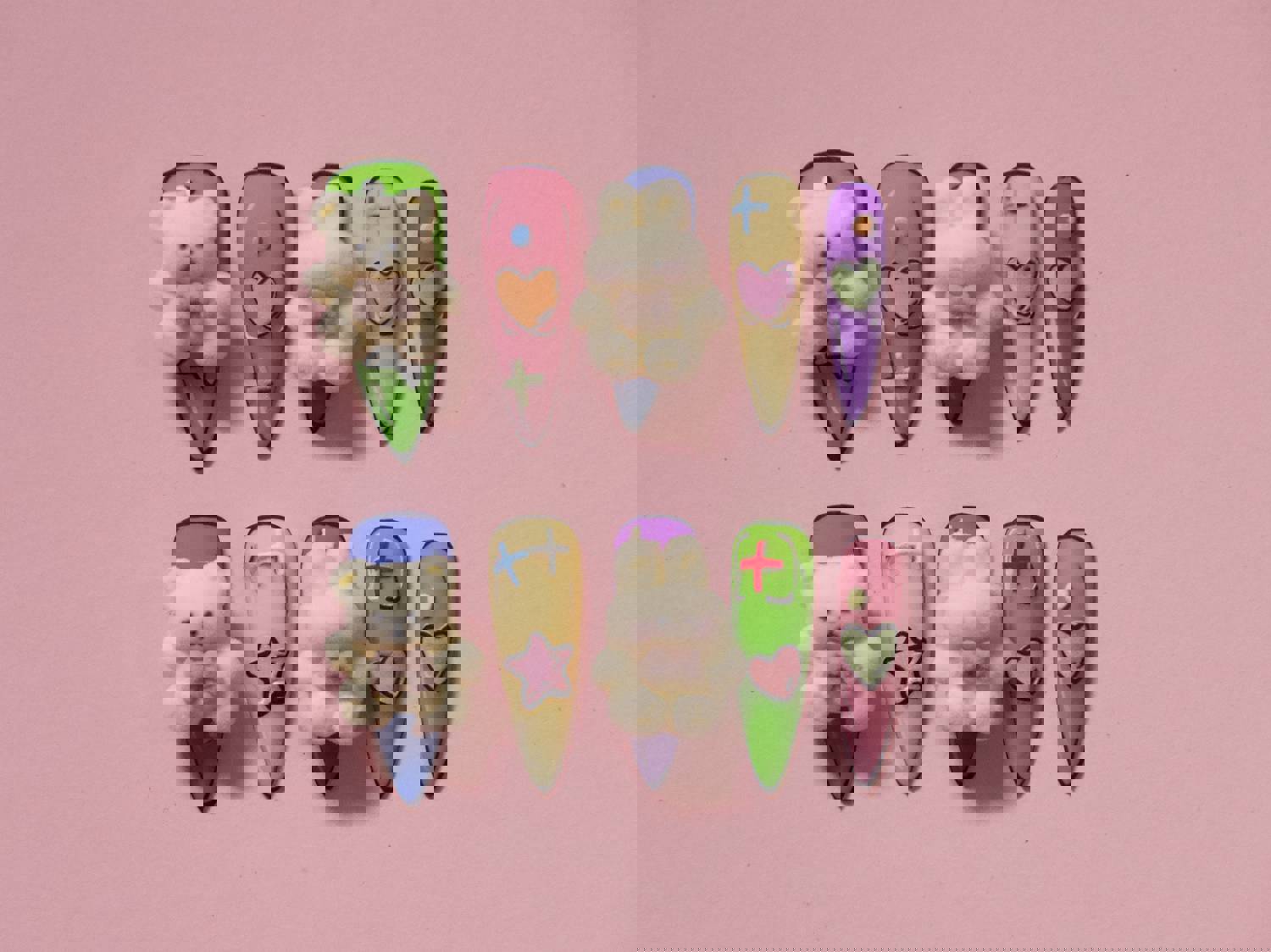 2pcs Cream White Cute Cartoon Velvet Bear & Rabbit Nail Decals