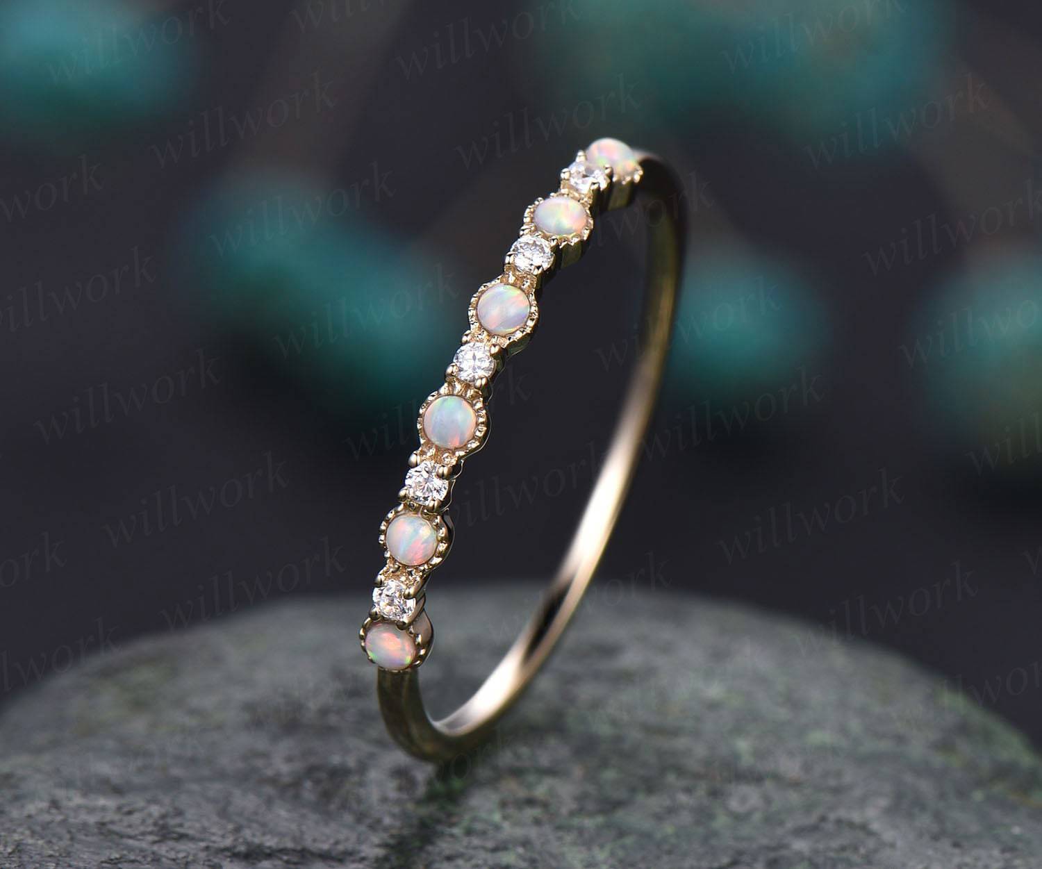 Vintage Opal Ring for Women - 14K Gold Moissanite Wedding Band, Anniversary & Graduation Gift