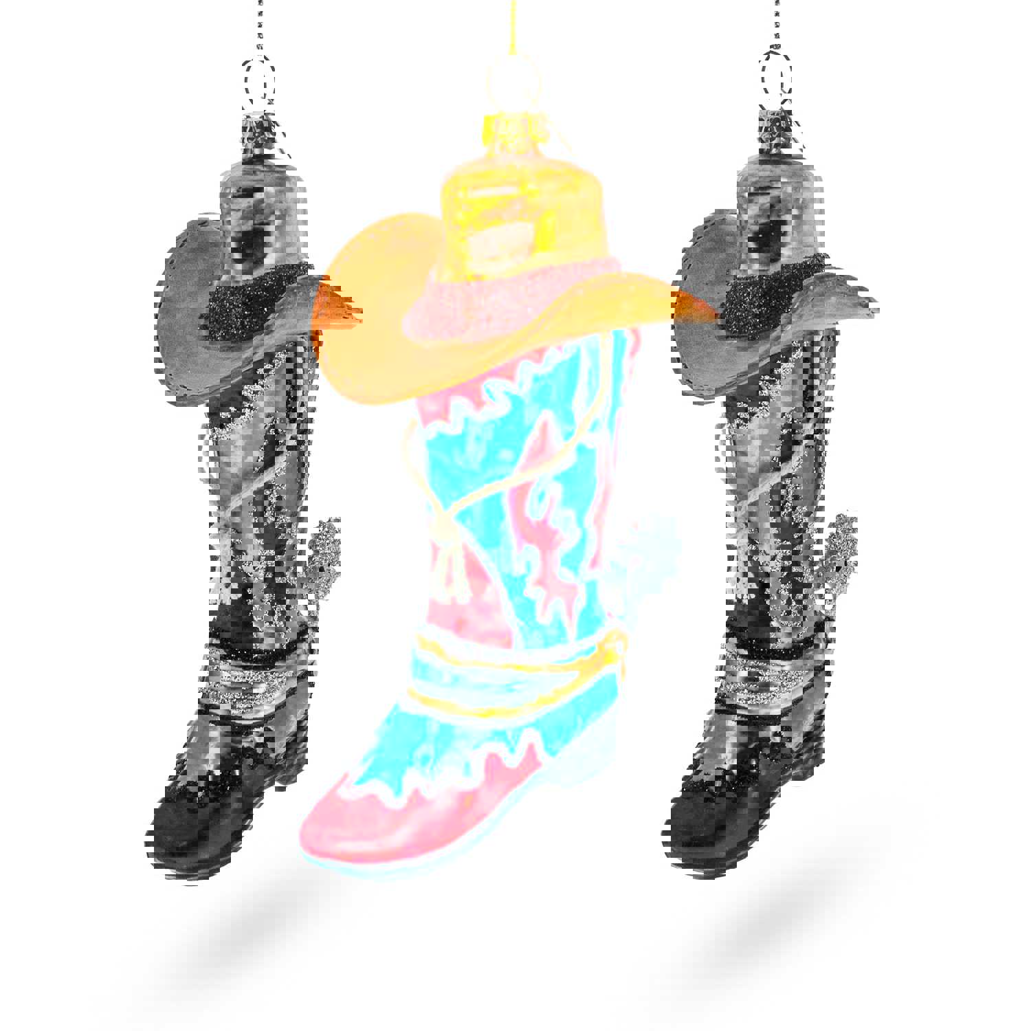 Western Cowboy Boot with a Hat Blown - Glass Christmas Ornament
