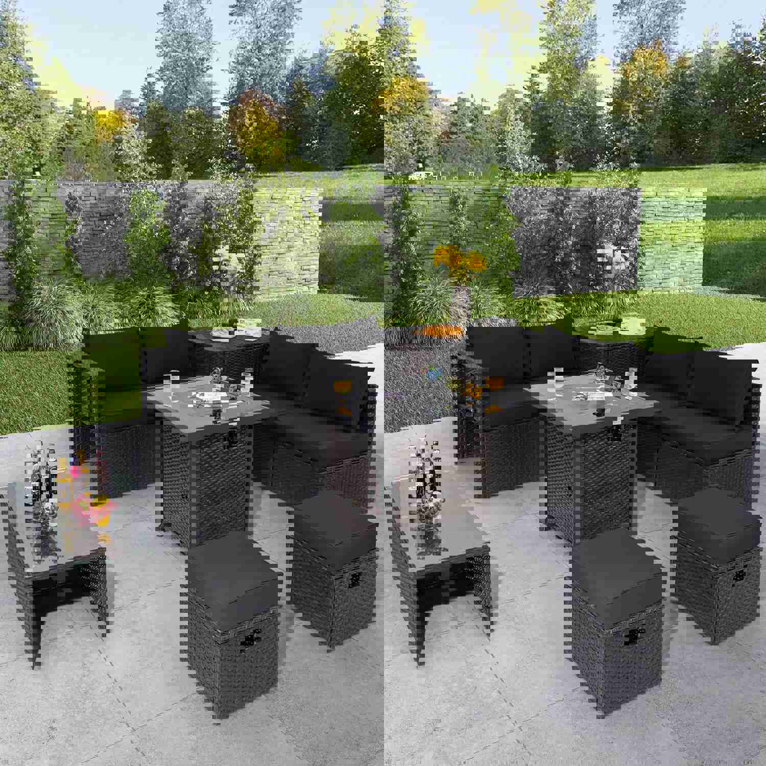 Tangkula 9-Piece Patio Furniture Set with 32” Fire Pit Table, 50,000 BTU Square Propane Fire Pit