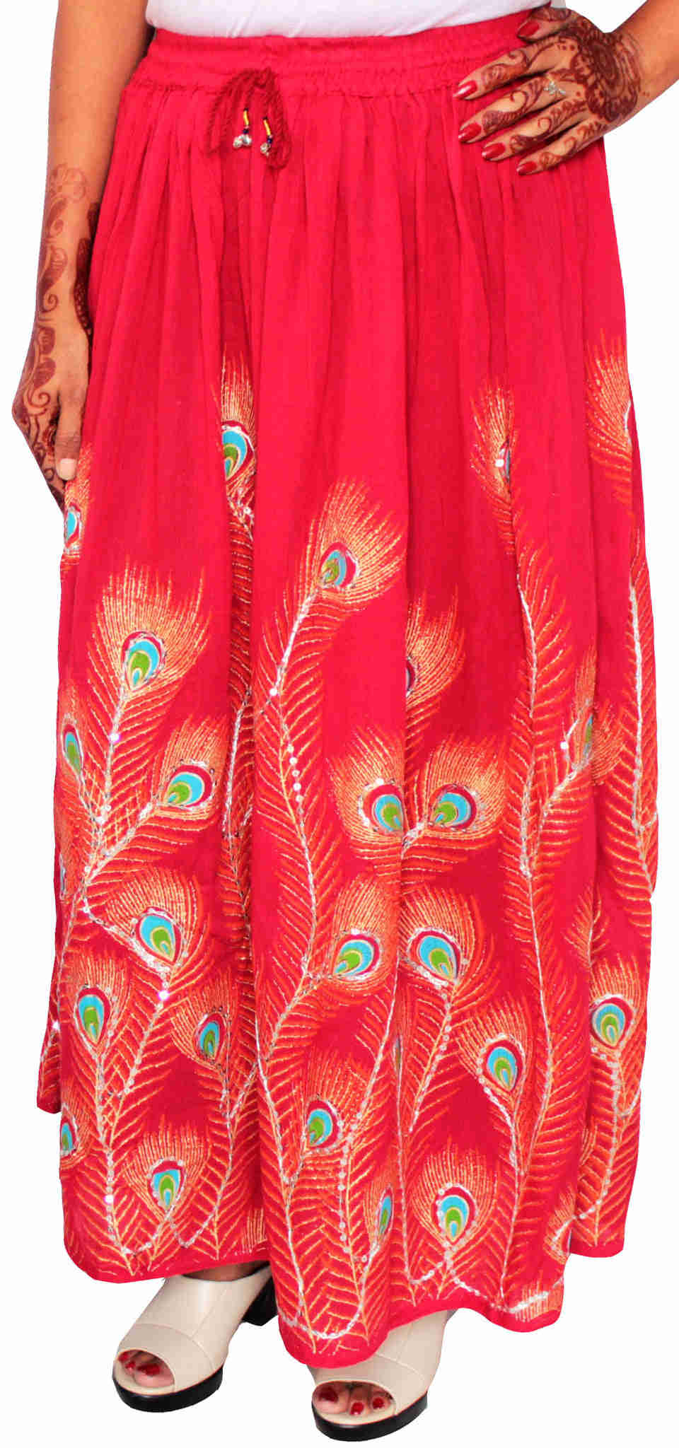 Women's Indian Long Skirt with Sequins - Handmade Ankle-Length Skirt (Red)