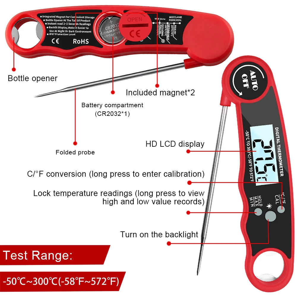 Portable Collapsible Digital Food Thermometer for Meat, Water, Milk, Cooking, BBQ, and Oven