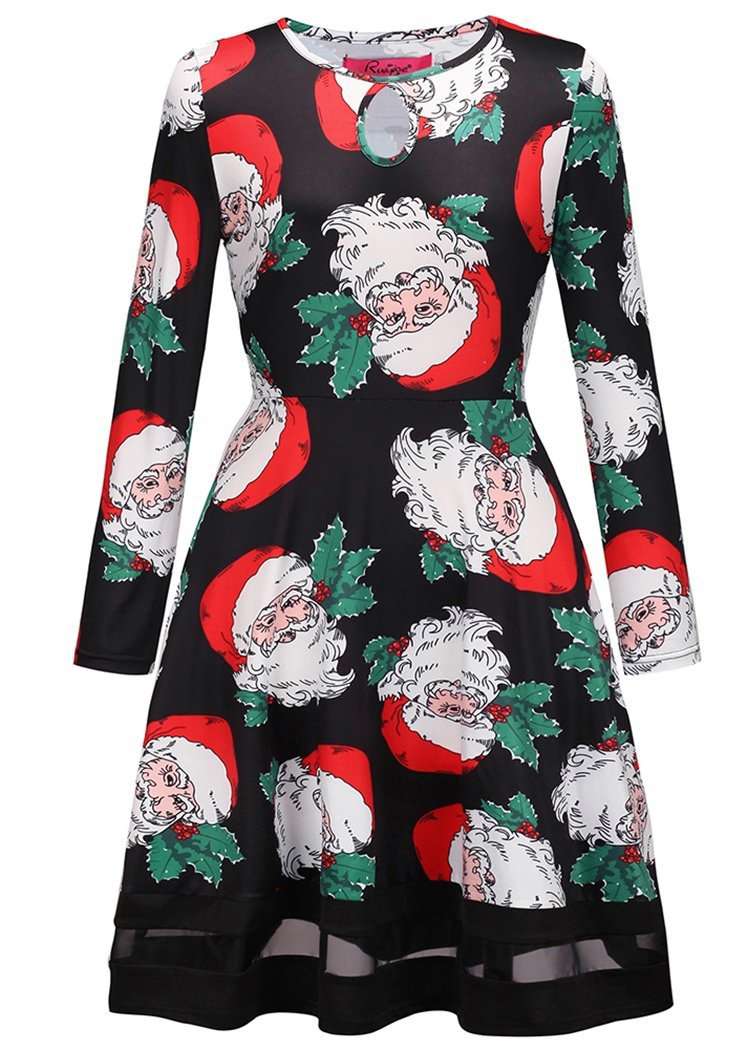 Fashion Cartoon Santa Claus Print Long Sleeve Round Neck Christmas Dresses For Women