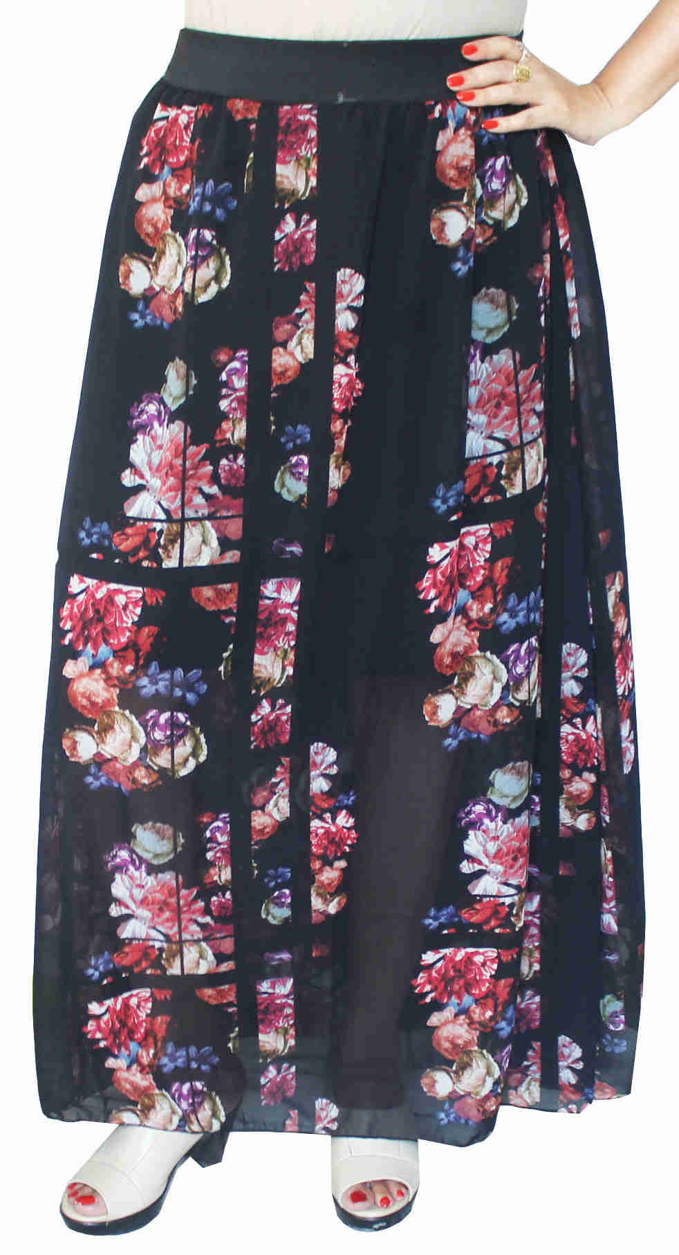 Women's Indian Long Skirt - Chiffon Printed Elastic Waistband Skirt (Black)