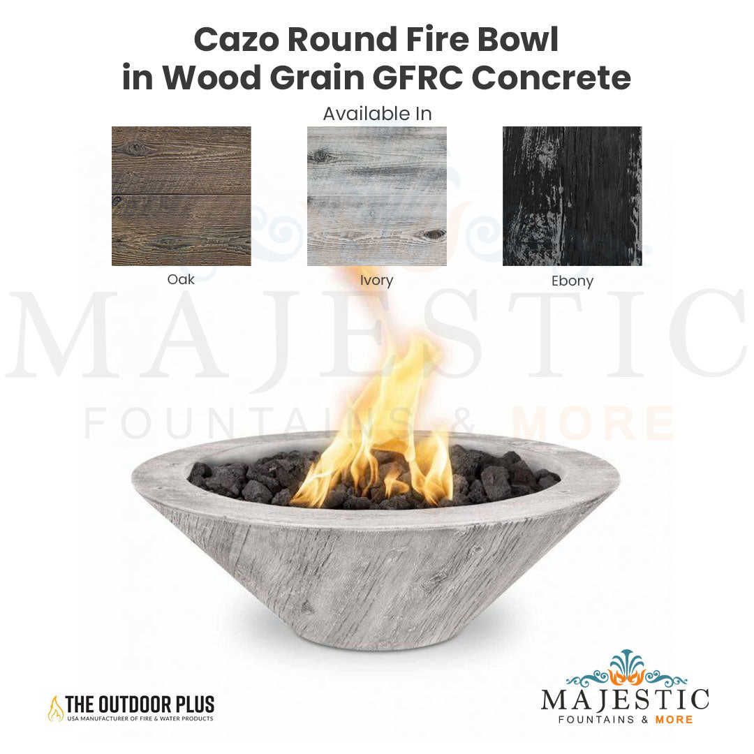The Outdoor Plus Cazo Round Fire Bowl in Wood Grain with Free Cover